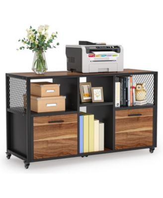 2-Drawer Wood File Cabinet with Open Shelves, Mobile Lateral Printer Stand for Letter/A4 Size Home Office