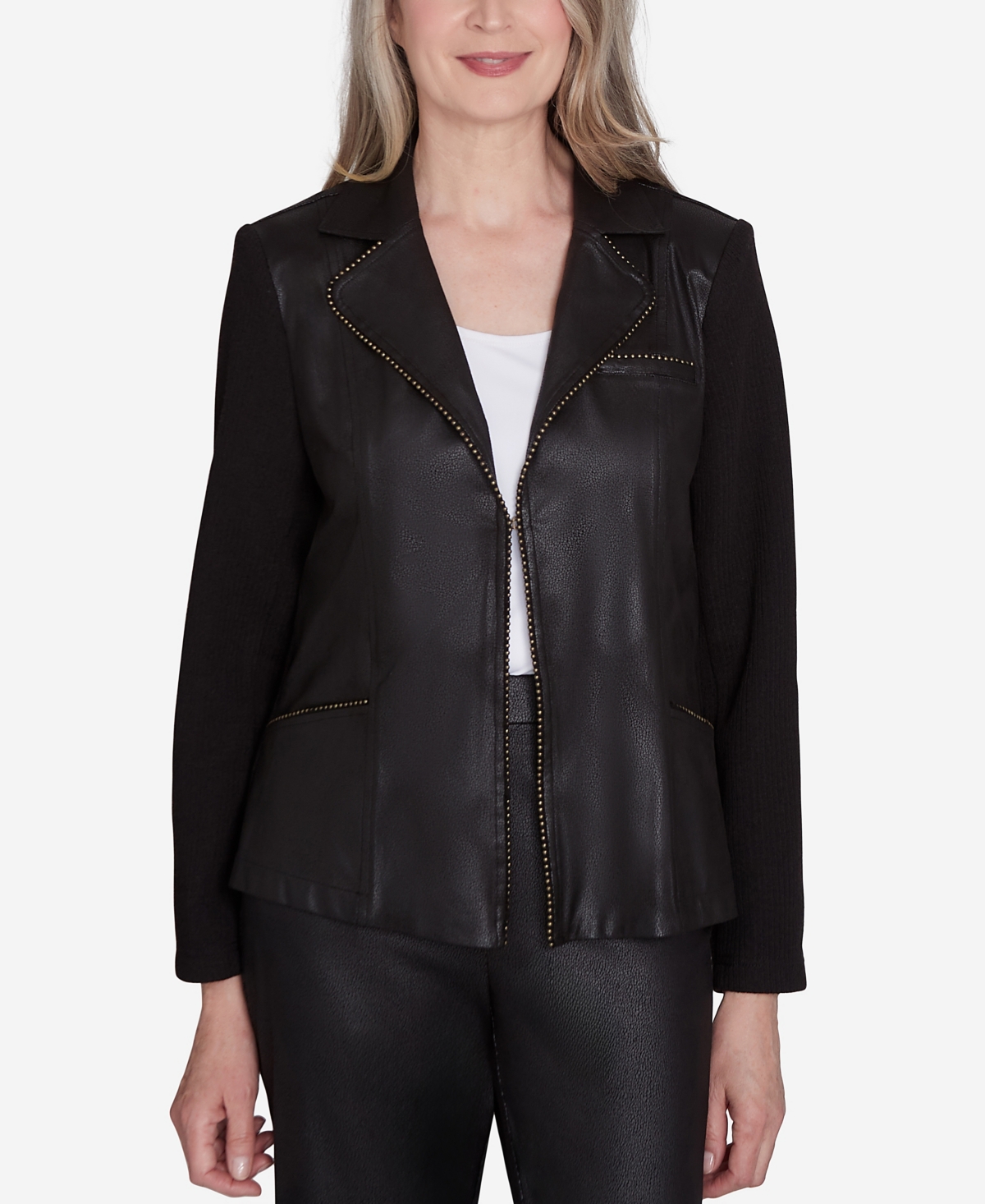 Leather jacket with knit sleeves hot sale