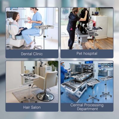 Mobile Mayo Stand Stainless Steel with Handle 2 Pack Trays on Wheels Adjustable Height for Medical Dental Salon Tattoo Lab