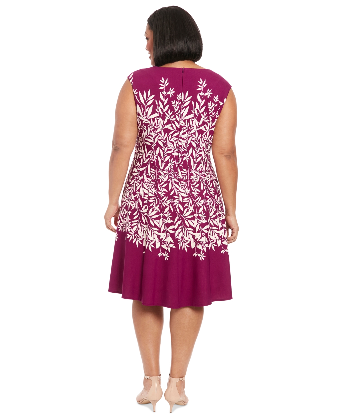 London Times Plus Size Printed Split-Neck Fit & Flare Dress -Cream