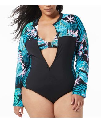 Plus Size Sculpt Long Sleeve Zip Front One Piece Swimsuit