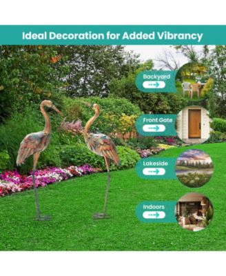 Set of 2 Crane Garden Statues Standing Metal Crane Sculptures Bird