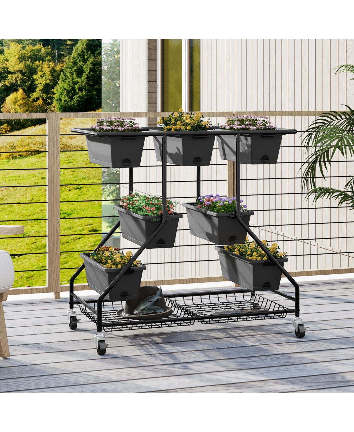 Skonyon Vertical Raised Garden Bed with 7 Planter Boxes and Storage Baskets- Black