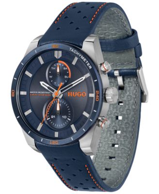 Men's Fast Quartz Multifunction Blue Leather Watch 44mm