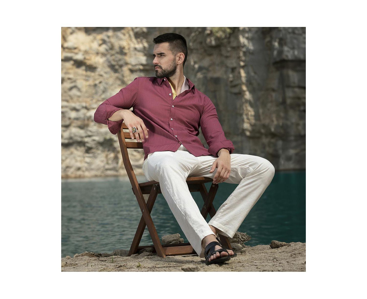 Men's Blush Red Self-Design Striped Shirt