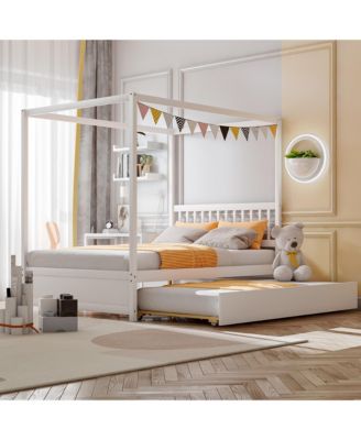 Full Size Canopy Bed with Trundle Wooden Platform Bed Frame Headboard Grey