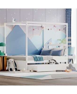 Full Size Canopy Bed with Trundle Wooden Platform Bed Frame Headboard Grey