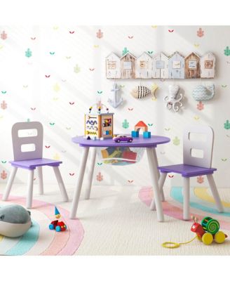Kids Wooden Round Table & 2 Chair Set w/ Center Mesh Storage