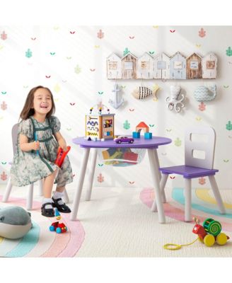 Kids Wooden Round Table & 2 Chair Set w/ Center Mesh Storage