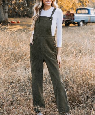 Women's Olive Corduroy Tie Strap Overalls