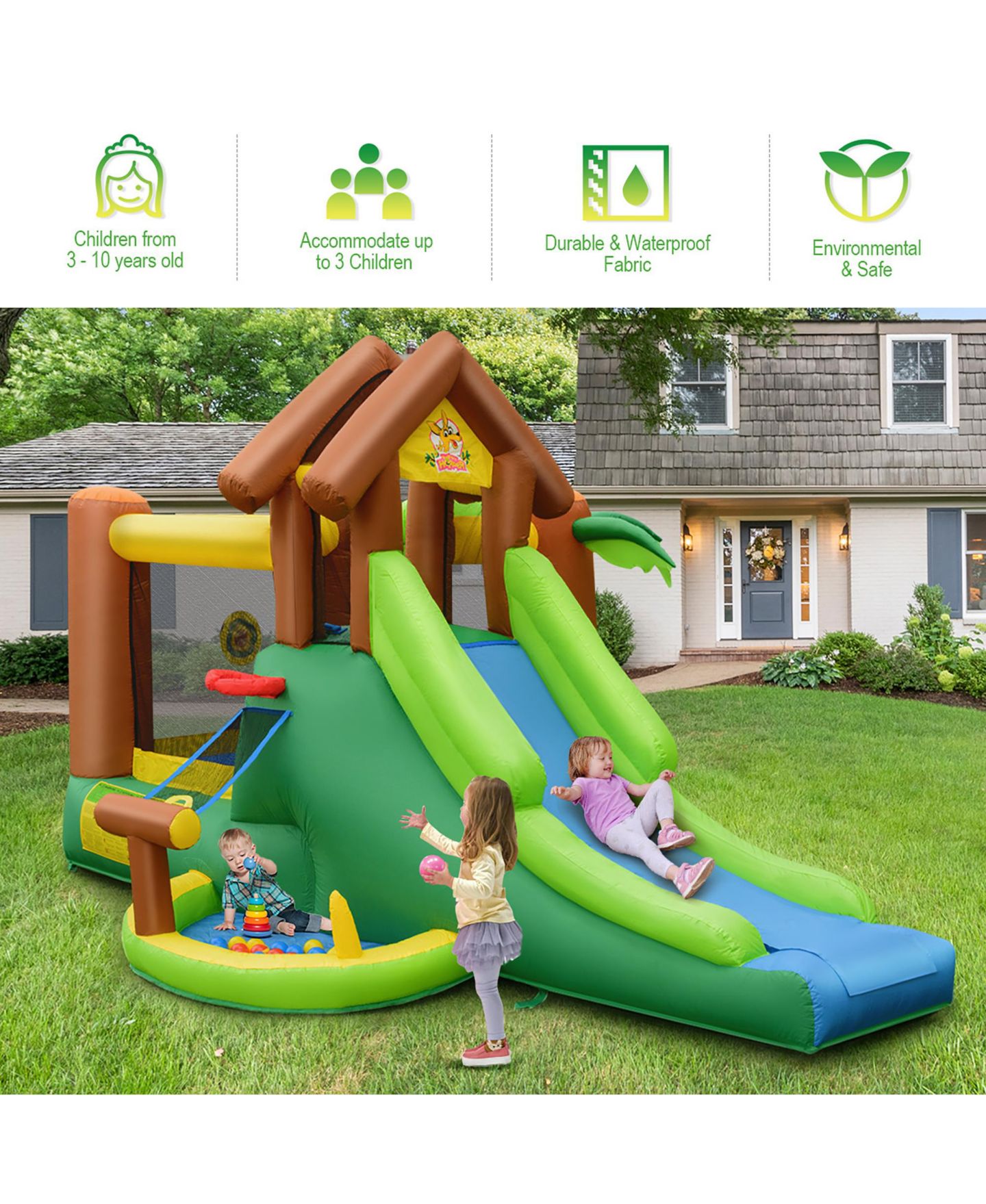 Детская игрушка Costway Jungle Dual-Slide Puncture-Resistant Inflatable Bounce House, 12.5'L x 11.5'W x 7.5'H, Up to 5 Players, Ages 3+, цвет: Зелёный — фото 7
