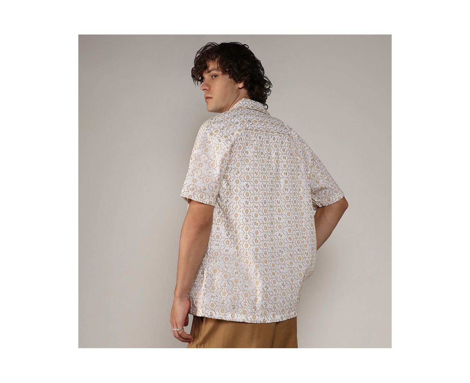 Men's Off-White & Beige Embroidered Geometric Shirt