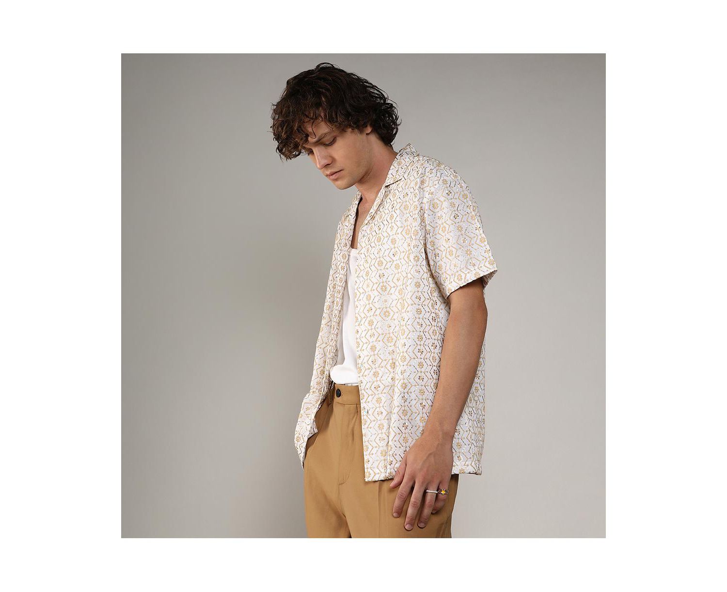 Men's Off-White & Beige Embroidered Geometric Shirt