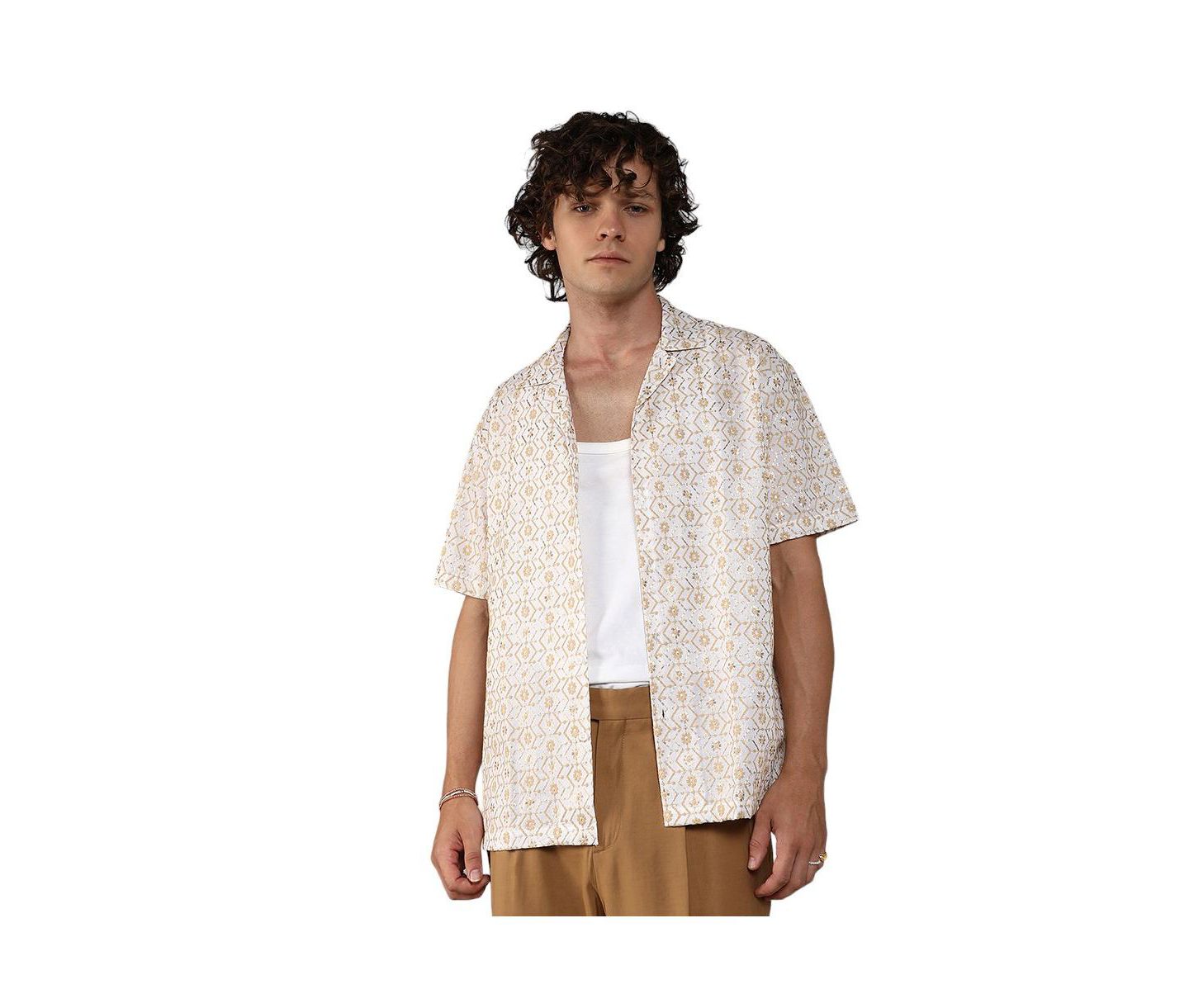 Мужская рубашка Cahoot Campus Sutra Off-White & Beige Embroidered Geometric, цвет: Чёрный — фото 1