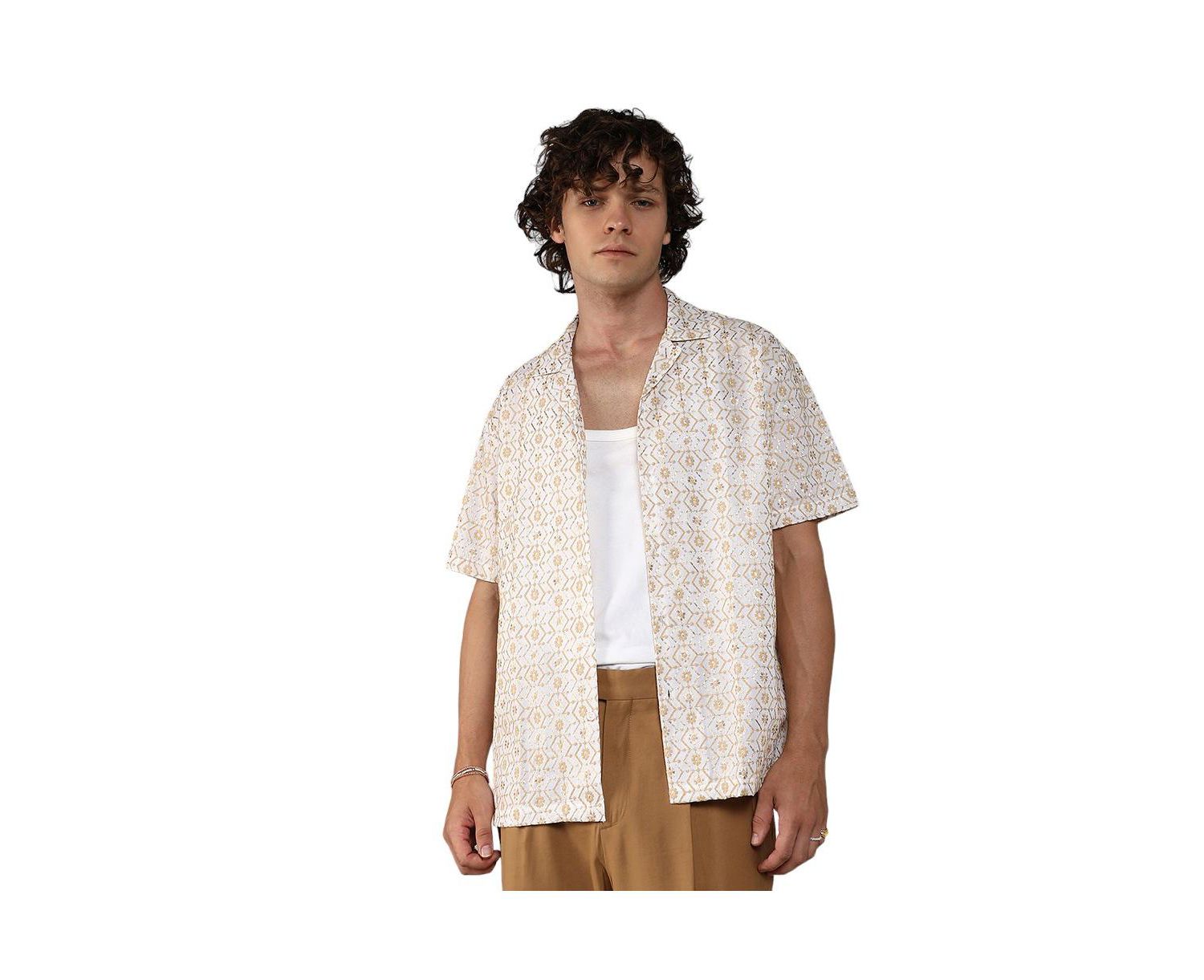 Men's Off-White & Beige Embroidered Geometric Shirt