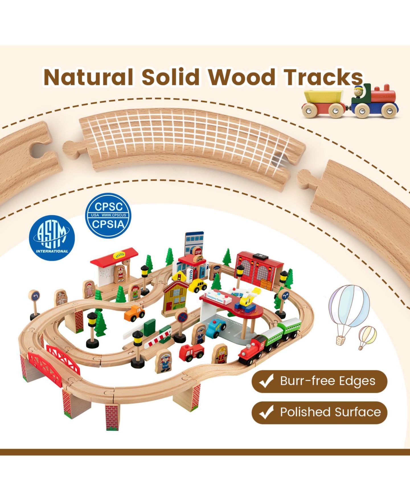 Детские игрушки GIVIMO 84-Piece Wooden Reversible Tabletop Train Set, цвет: Натуральный — фото 2