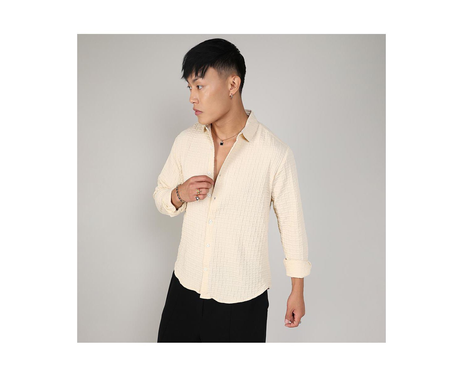 Men's Pale Yellow Textured Weave Shirt