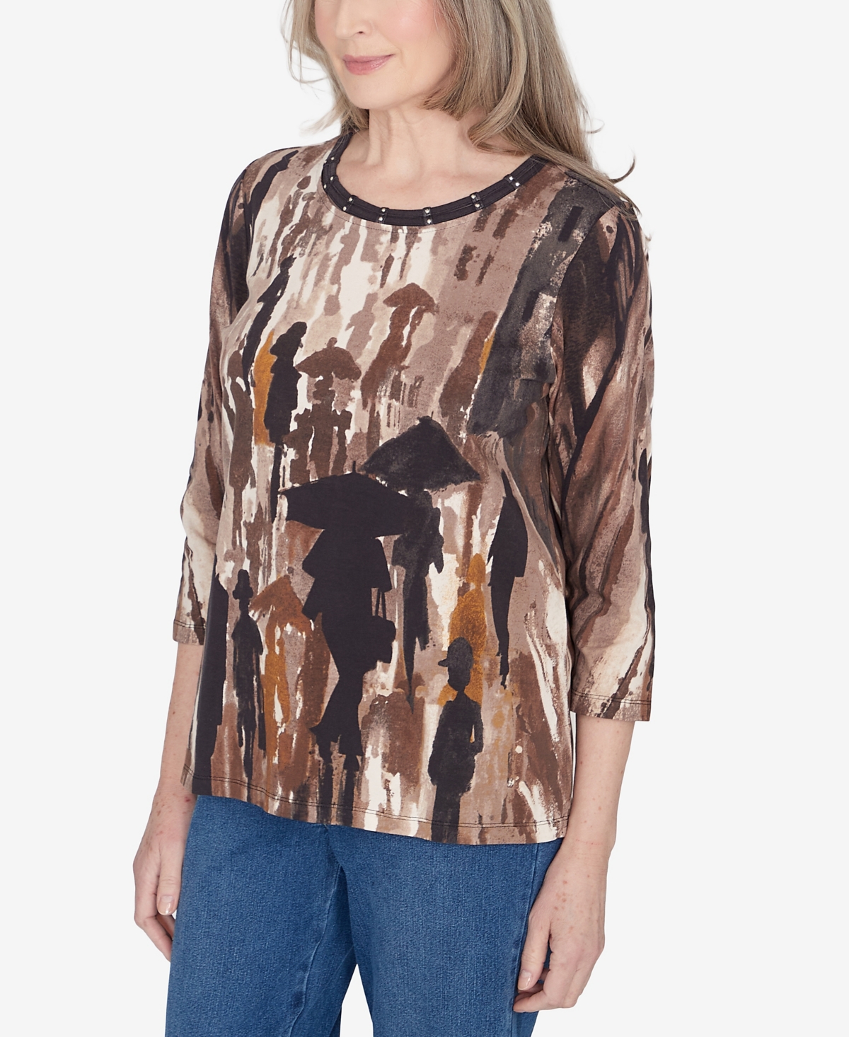 Alfred Dunner Petite Classics Conversational Crew Neck Top In Neutral