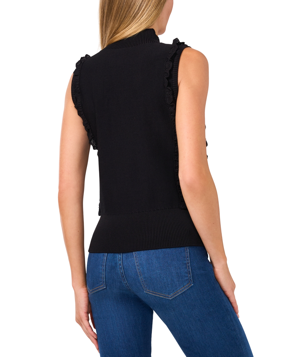 CeCe Women's Mock-Neck Ruffle-Trim Sleeveless Sweater