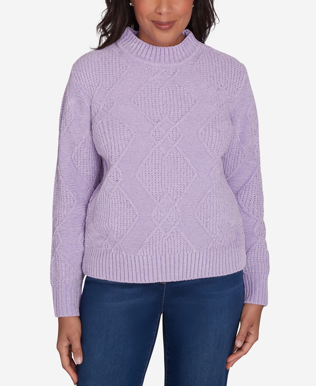 Alfred Dunner Plus Size Classic Chenille Diamond Turtleneck Sweater In Lilac