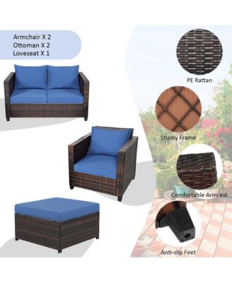 5PCS Patio Rattan Furniture Set Loveseat Sofa Ottoman Cushioned