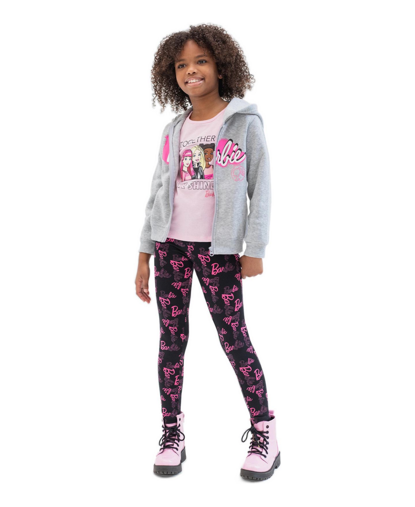Детский комплект Barbie Little Girls Zip-Up Hoodie and Leggings Set, цвет: Меланжевый серый розовый — фото 7