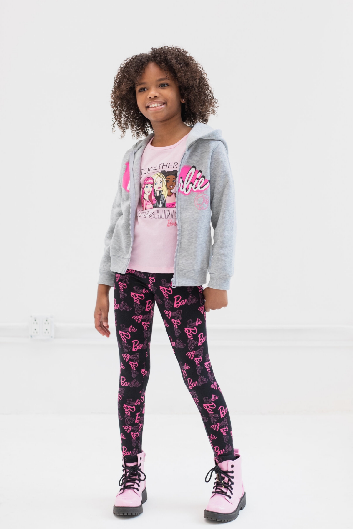 Barbie Girls Zip Up Fleece Hoodie Graphic T-Shirt and Leggings 3 Piece Outfit Set to