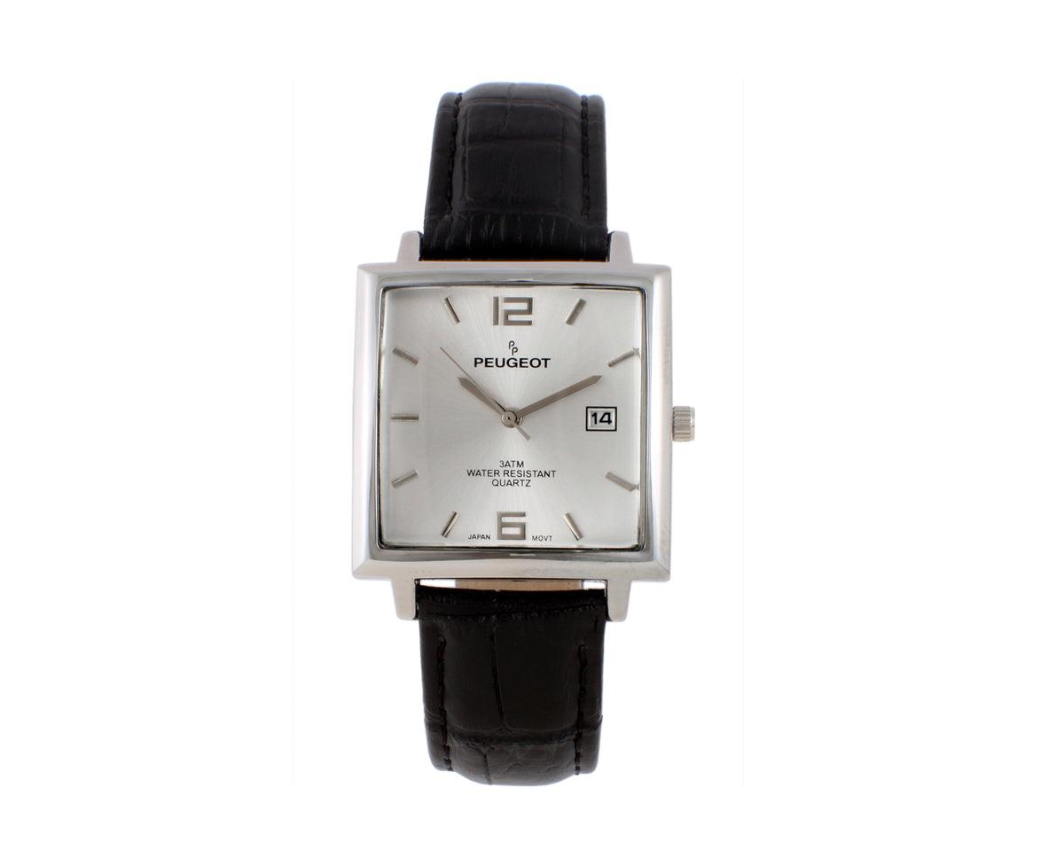 Men's 35mm Silver Plated Square Watch with Black leather Strap - Silver