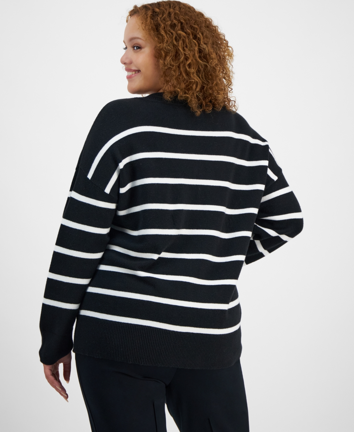 On 34th Trendy Plus Size Striped V-Neck Long-Sleeve Sweater, Created for Macy's