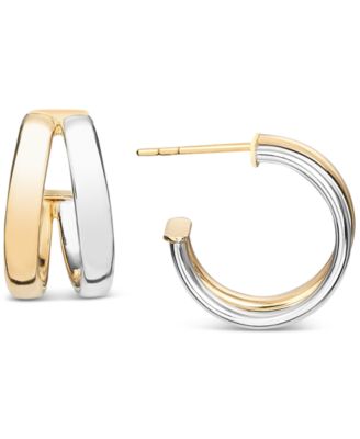 Polished Double Small Huggie Hoop Earrings in 10k Two-Tone Gold, 0.5"
