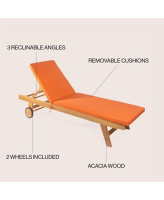 Mallorca Modern Classic Adjustable Acacia Wood Chaise Outdoor Lounge Chair with Cushion & Wheels
