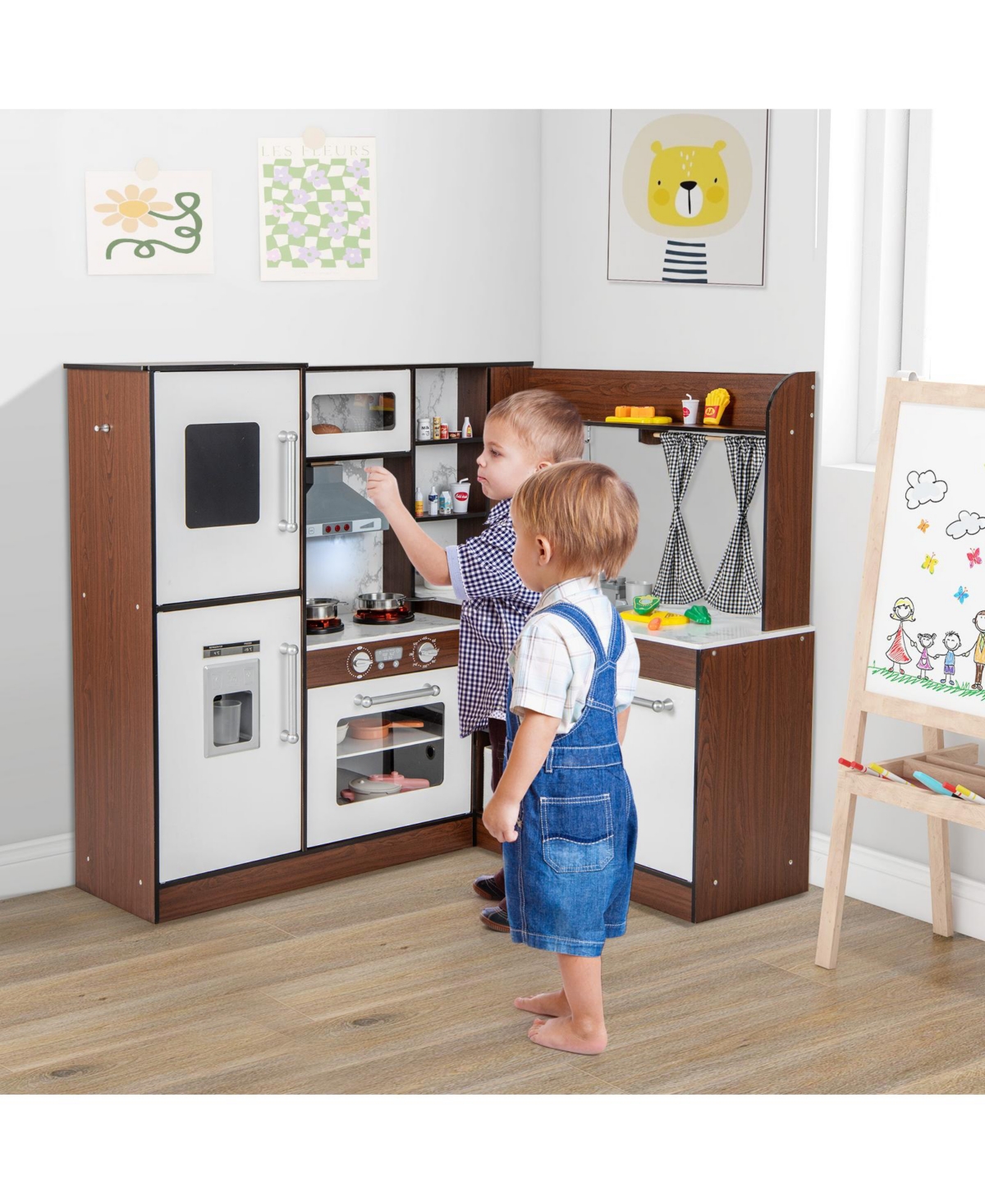 Skonyon Wooden Corner Play Kitchen with Water Circulation System and Lights- Brown