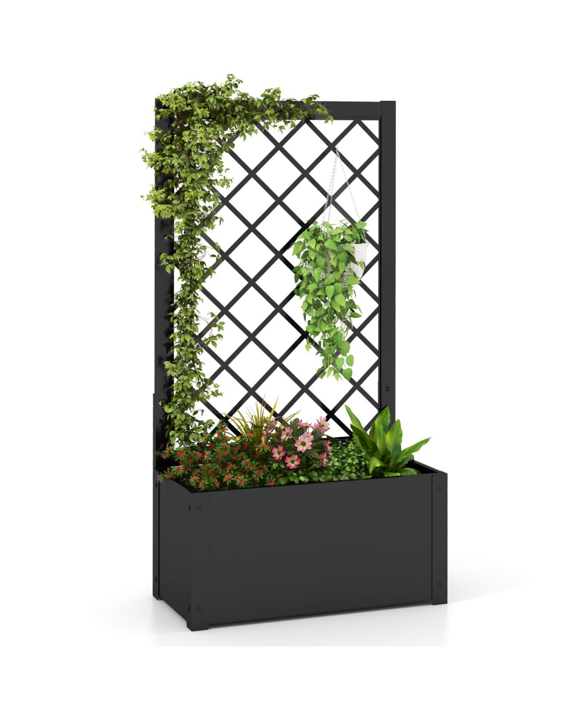44 Inch Metal Raised Garden Bed with Trellis-Black - Black