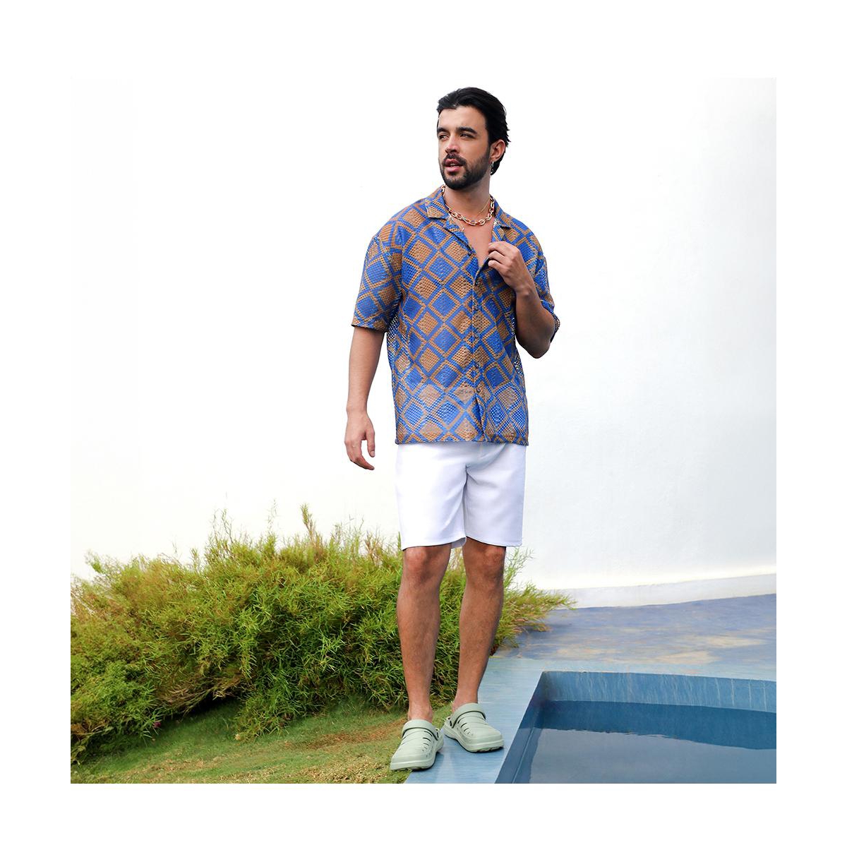 Campus Sutra Men's Royal& Mocha Brown Geometric Block Oversized Shirt - Blue