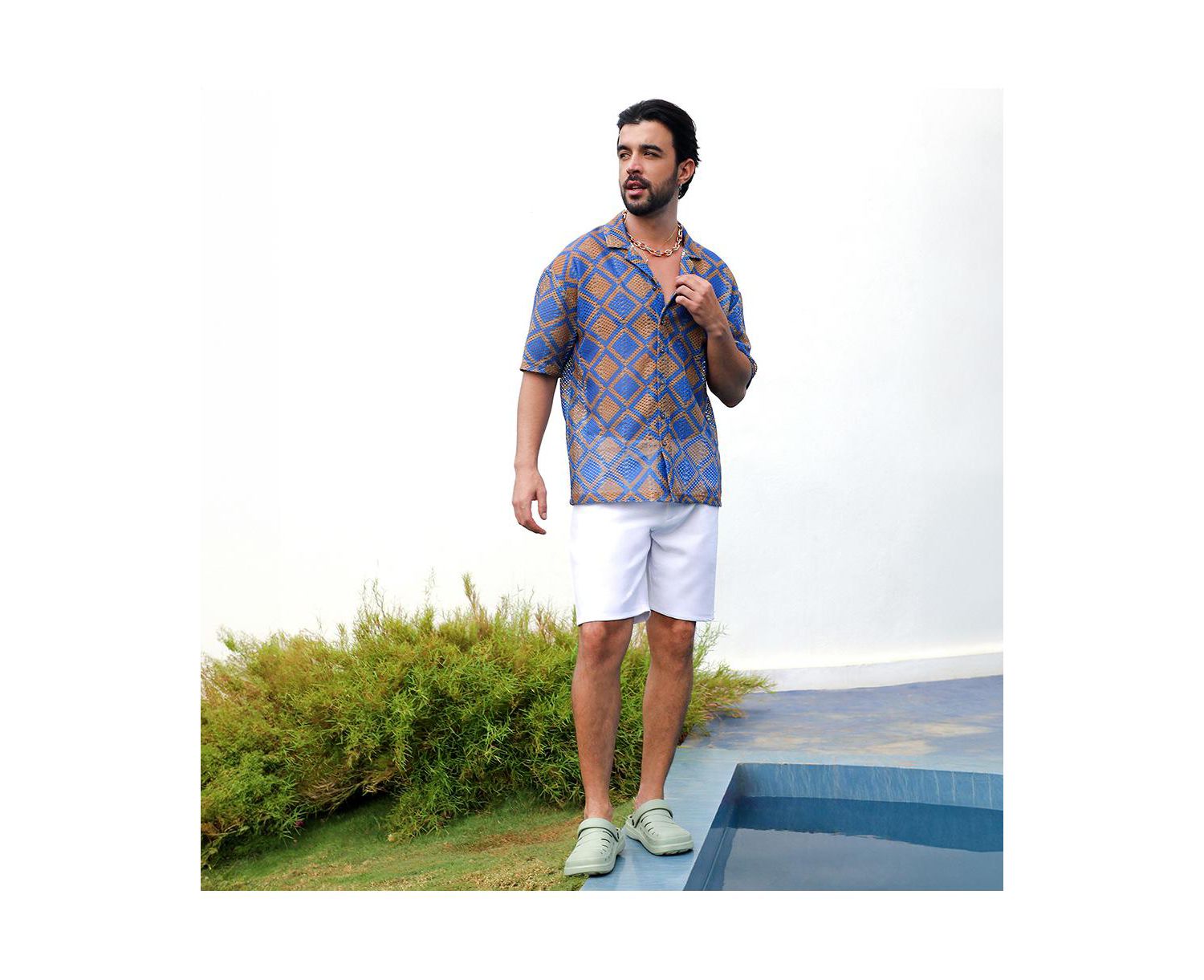 Men's Royal Blue & Mocha Brown Geometric Block Oversized Shirt