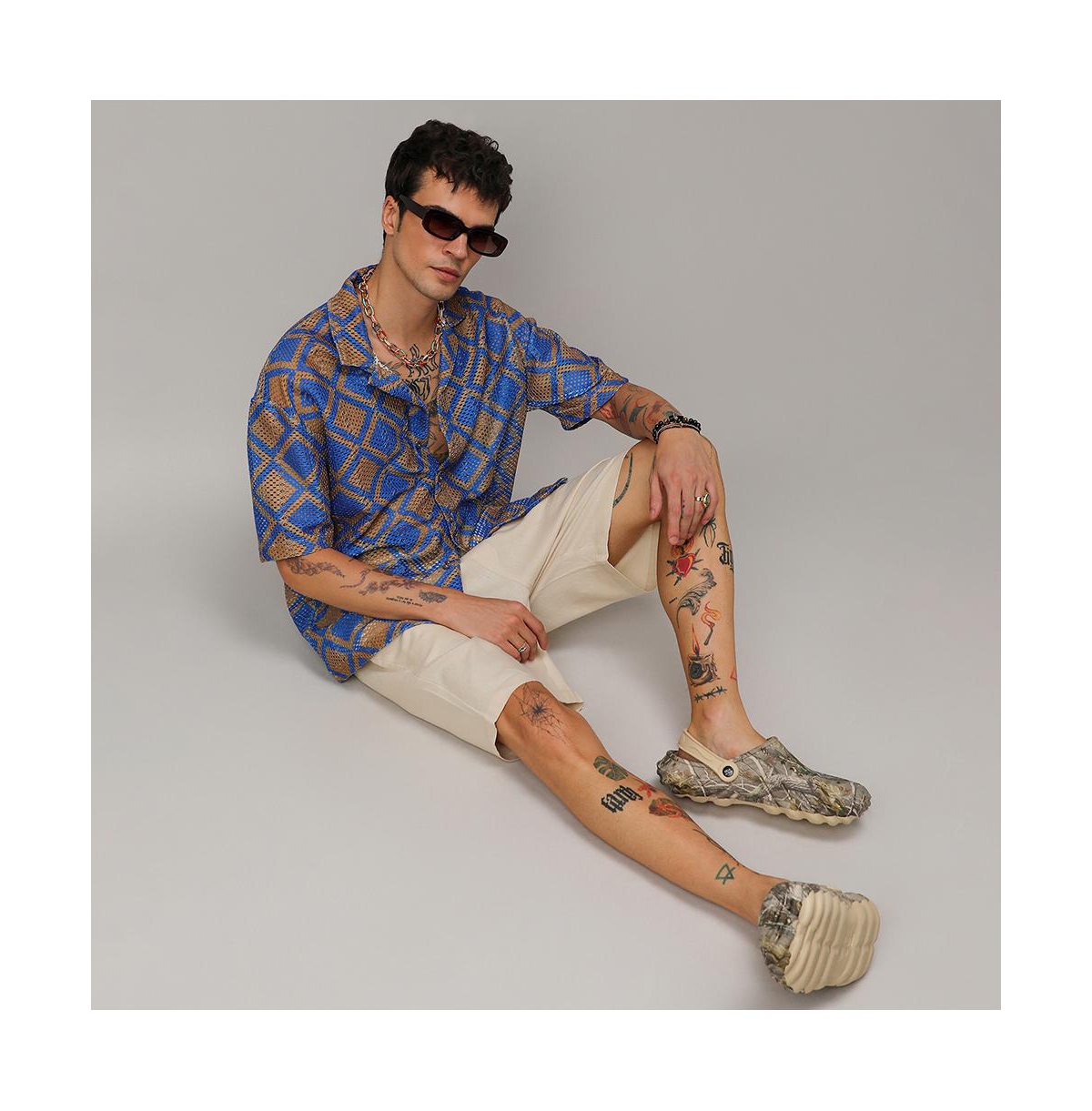 Campus Sutra Men's Royal& Mocha Brown Geometric Block Oversized Shirt - Blue