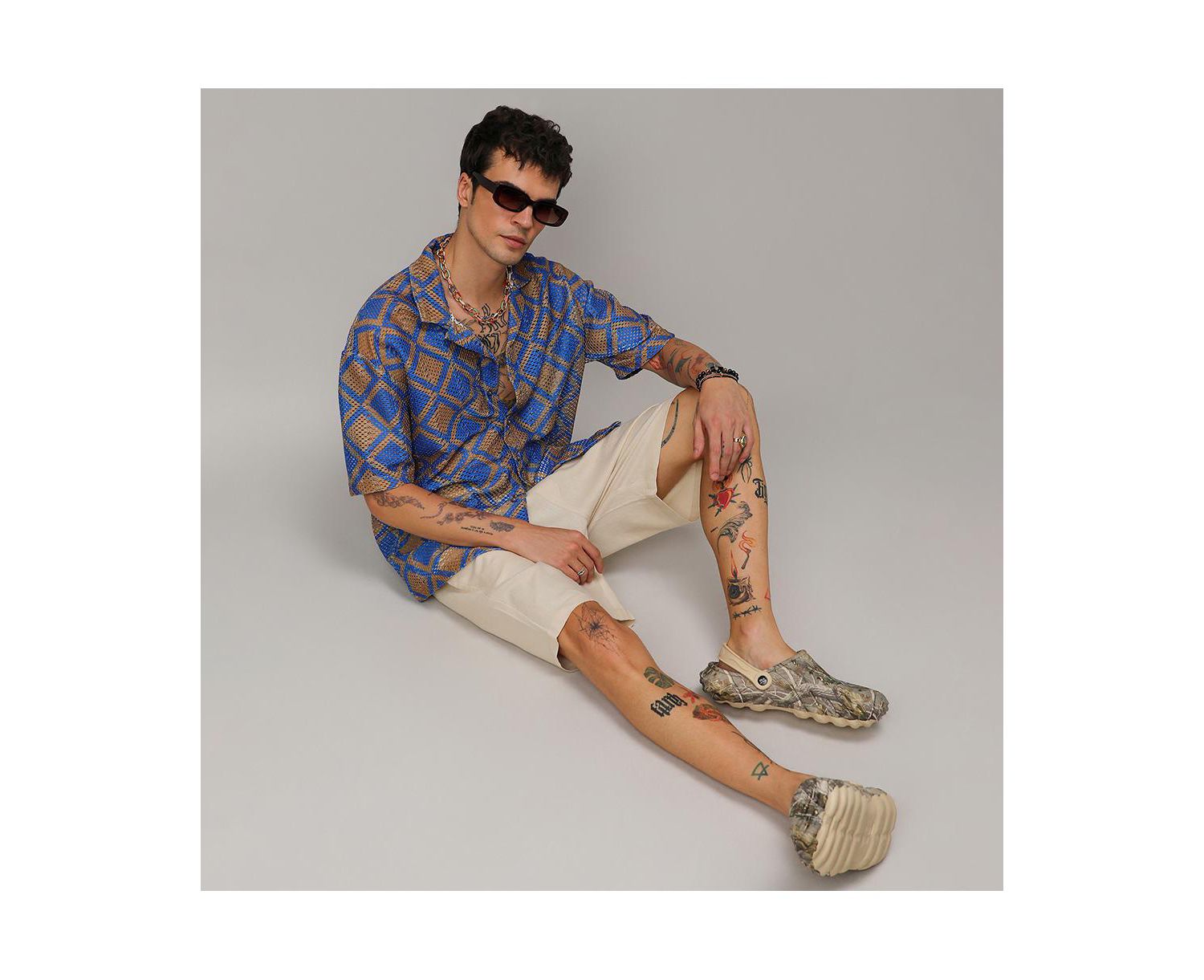 Men's Royal Blue & Mocha Brown Geometric Block Oversized Shirt