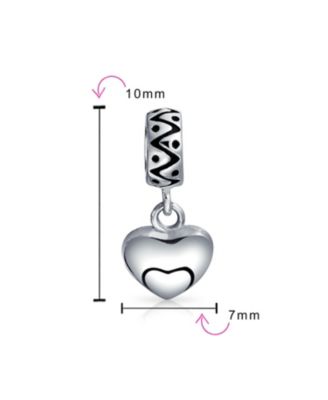 Swirl Detail Double Heart Shape Dangle Charm Bead Oxidized Sterling Silver Fits European Bracelet