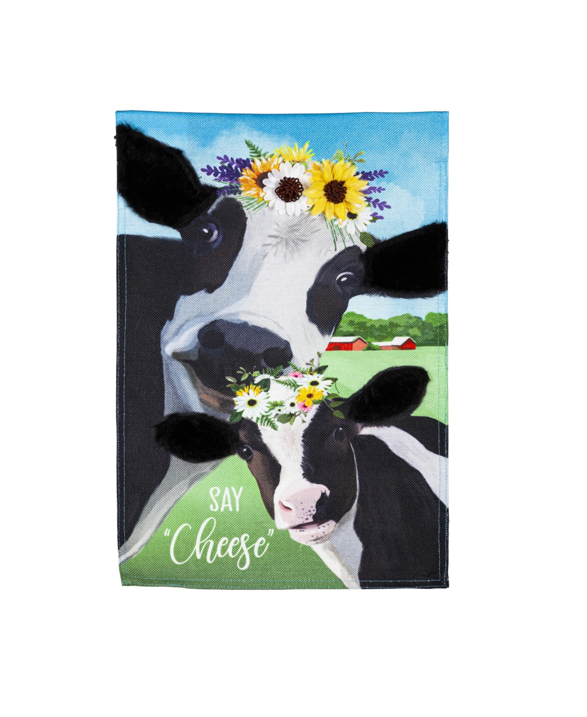 Say Cheese Cows Garden Burlap Flag - Blue