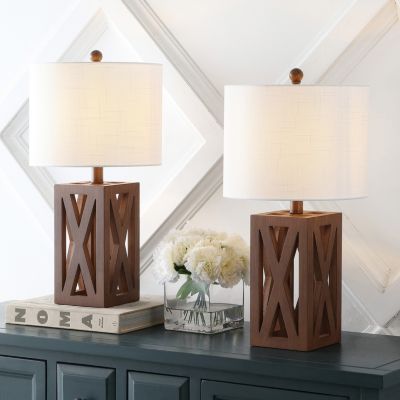 Stewart 21.5" Farmhouse Wood LED Table Lamp, Black (Set of 2)