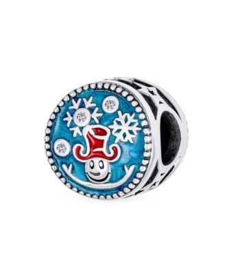 Frozen Winter Holiday Party Christmas Round Red Hat Bead Blue Enamel Snowflake Charm Sterling Silver For European Bracelet