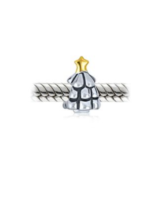 Elegant Shining Decorated Star Holiday Festive Christmas Tree Charm Bead Two Tone 14K Plated Sterling Silver For Women Fits European Bracelet