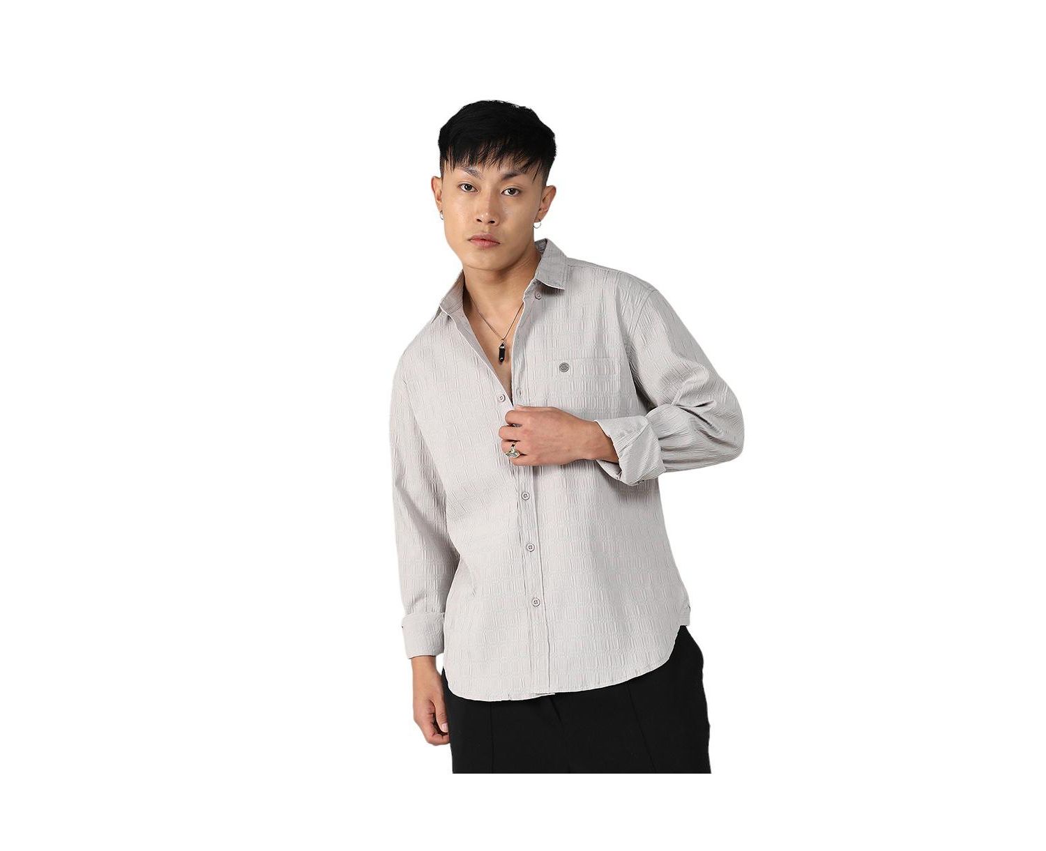 Men's Greige Textured Ruched Shirt