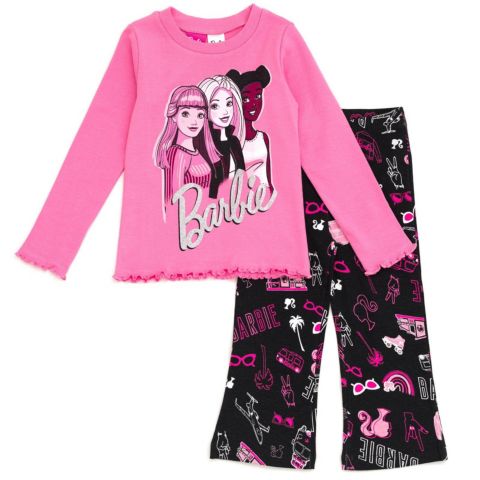 Детский комплект Barbie: лонгслив и расклёшенные брюки для девочек, цвет: Розовый / Чёрный