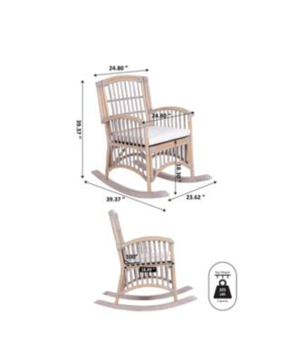 Swayze Bohemian Farmhouse Woven Rattan/Wood Rocking Chair, White Cushion with Gray/White Wash Frame