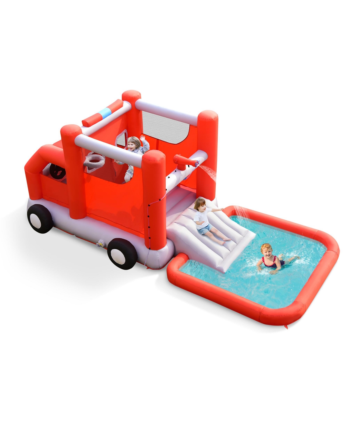 Costway Fire Truck Themed Inflatable Castle Water Park Kids Bounce House Blower Excluded