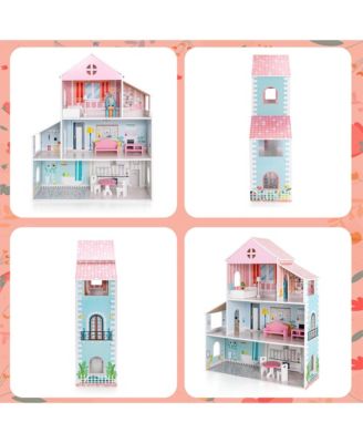 Wooden Dollhouse For Kids 3-Tier Toddler Doll House W/Furniture Gift For Age 3+