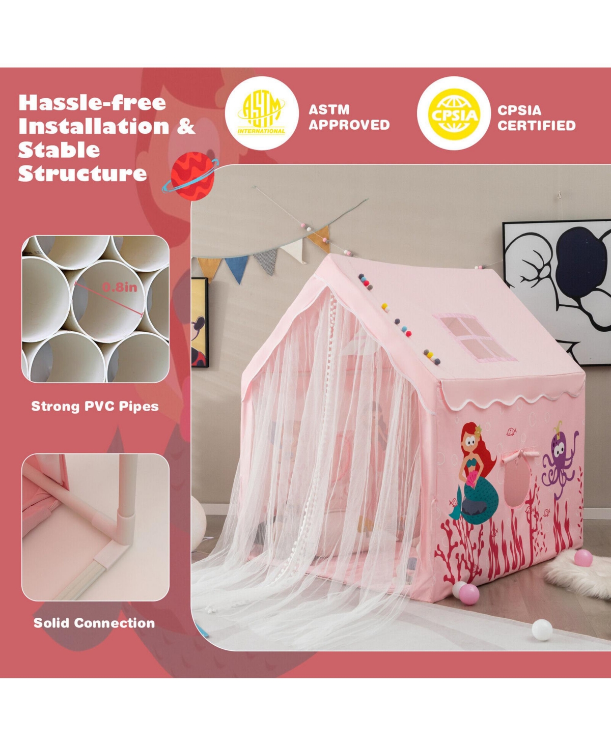 Costway Kids Playhouse Children Indoor Play Tent Gift w/ Cotton Mat Longer Curtain
