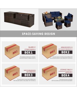 8 PCS Outdoor Wicker Furniture Set with Storage Box Tempered Glass Table 2 Ottomans