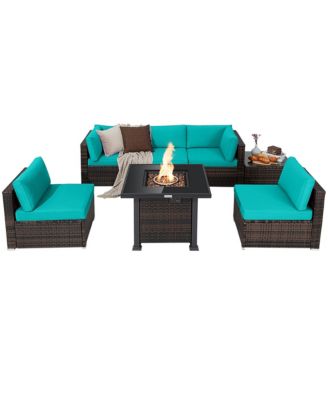 7PCS Patio Rattan Furniture Set Fire Pit Table Cover Glass Top Cushion